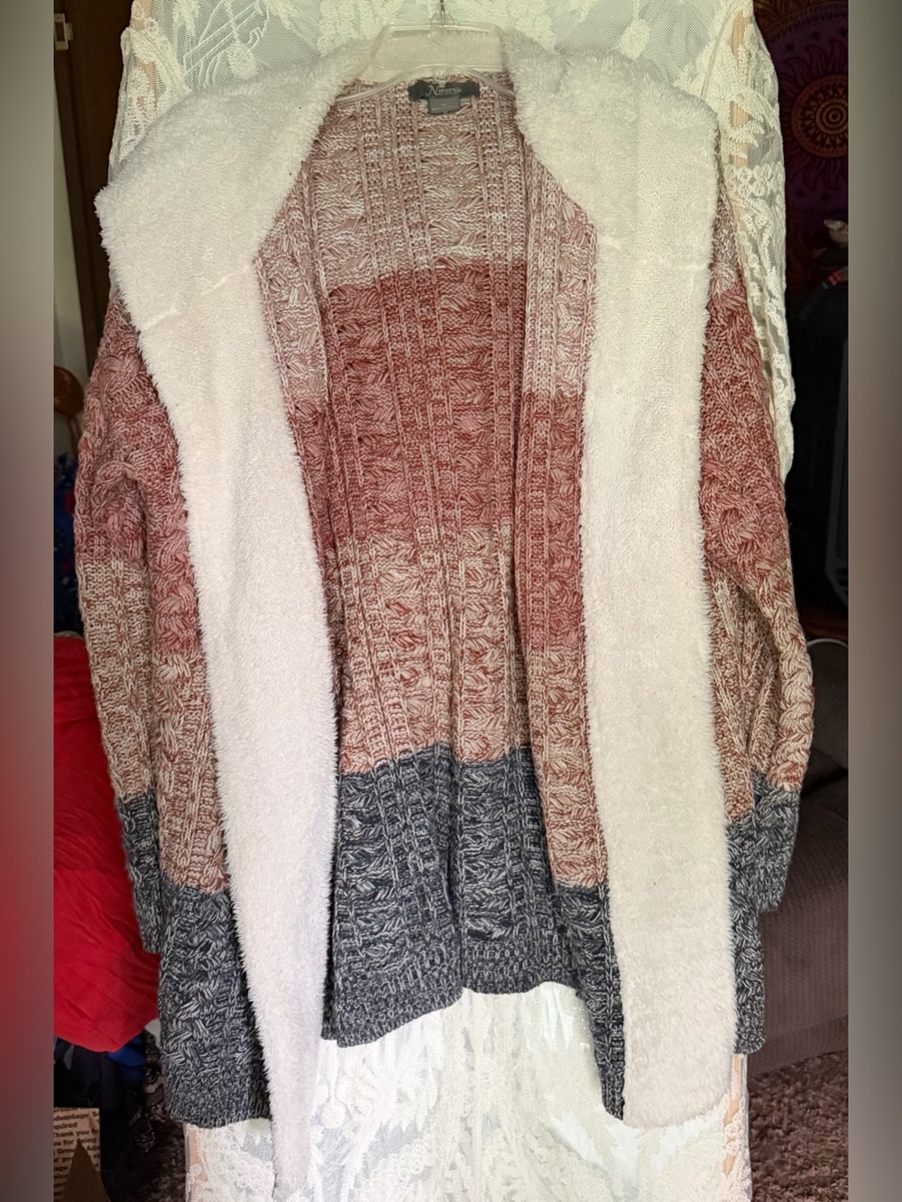 Natural Reflections Blush, Cream & Gray Open-Front Shawl Collar Cardigan